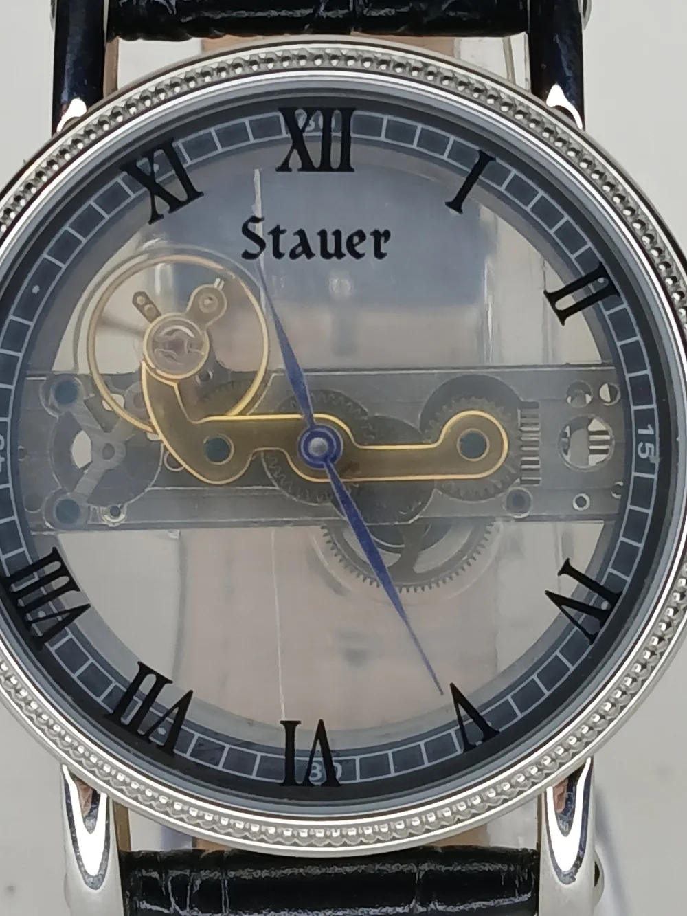 ​Stauer Men's Mechanical Skeleton Watch Blue Hands Leather Strap 3ATM Box 19891